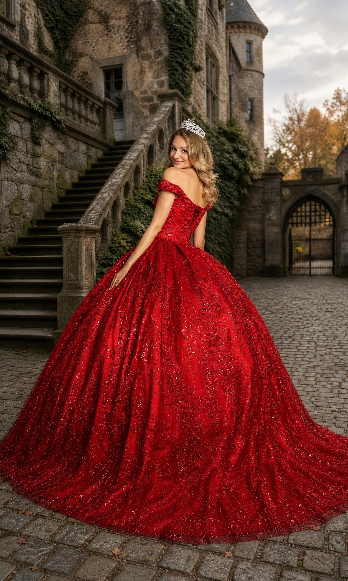 Wearing the Quinceanera Dress BT9013 By Chicas and a tiara, a woman stands on a cobblestone path near a stone staircase and castle, glancing over her shoulder.